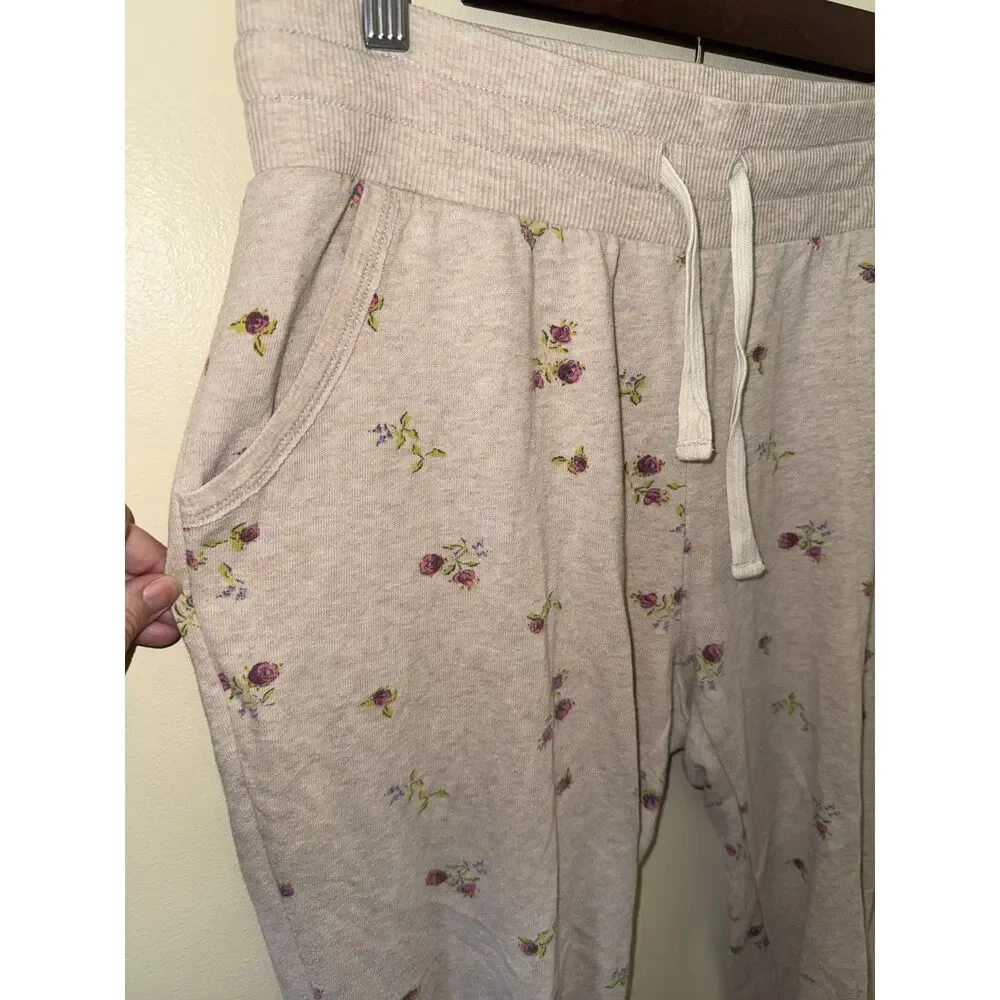 Aerie Floral French Terry Joggers Medium Beige Rose Print Drawstring Sweatpants - Picture 6 of 10